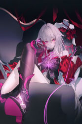 Rule 34 | 1girl, black choker, black gloves, black pantyhose, boots, bright pupils, choker, couch, crossed legs, dark background, flower, gloves, hair ornament, hand on own face, highres, holding, holding string, honkai (series), honkai impact 3rd, jacket, long hair, long sleeves, looking down, mannequin, neon (pixiv 31150749), on couch, pantyhose, purple eyes, purple ribbon, red flower, red jacket, red ribbon, red rose, ribbon, rose, single bare leg, single bare shoulder, single boot, single leg pantyhose, sitting, smile, string, thelema (honkai impact), very long hair, white hair, white pupils