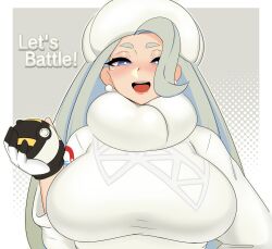 Rule 34 | 1girl, blue eyes, blush, border, breasts, creatures (company), earrings, fur collar, game freak, gloves, gradient background, grey background, grey hair, hat, highres, holding, holding poke ball, jewelry, large breasts, lips, long hair, long sleeves, melony (pokemon), nintendo, open mouth, poke ball, poke ball (basic), pokemon, pokemon swsh, shnibbles, smile, solo, sweater, teeth, tongue, upper body, upper teeth only, white border, white hat, white sweater