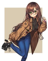 Rule 34 | 1girl, adjusting footwear, bad id, bad pixiv id, black shirt, blouse, blush, boots, breasts, brown background, brown hair, coat, covered collarbone, earrings, fingernails, glasses, green eyes, high-waist pants, high heel boots, high heels, highres, jewelry, knees together feet apart, large breasts, long fingernails, long hair, long sleeves, mo:oku, mole, mole under eye, original, outside border, pants, parted bangs, patch, platform boots, platform footwear, shirt, shoes, simple background, skin tight, solo, standing, standing on one leg, taut clothes, taut shirt, trench coat, turtleneck, very long hair