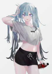 Rule 34 | 1girl, absurdres, black shorts, blue eyes, blue hair, bottle, breasts, cola, cowboy shot, crop top, hand in own hair, hand on own head, highres, holding, holding bottle, kohaku sogo, long hair, looking at viewer, medium breasts, midriff, plastic bottle, shirt, shorts, sidelocks, simple background, solo, t-shirt, twintails, very long hair, white background, white shirt, white wristband