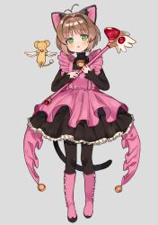 Rule 34 | 1boy, 1girl, absurdres, ahoge, animal ears, apron, bell, black dress, boots, brown hair, cardcaptor sakura, cat ears, cat tail, dress, fake animal ears, fake tail, full body, fuuin no tsue, green eyes, grey background, hair intakes, highres, jingle bell, kero (cardcaptor sakura), kinomoto sakura, knee boots, noamem, open mouth, pantyhose, pink apron, pink footwear, short hair, simple background, standing, tail, wand