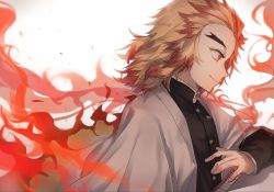 Rule 34 | &gt;:), 1boy, blonde hair, cape, colored tips, fire, fire, forehead, forked eyebrows, from side, gakuran, high collar, highres, kimetsu no yaiba, long hair, male focus, multicolored hair, orange eyes, oyuyu, red hair, rengoku kyoujurou, school uniform, solo, teeth, thick eyebrows, tsurime, unsheathed, upper body, white background, white cape