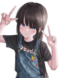Rule 34 | 1girl, absurdres, bad id, bad twitter id, black shirt, blue overalls, blush, brown hair, clothes writing, creatures (company), double v, game freak, gen 1 pokemon, gishiki (gshk), hands up, highres, long hair, looking at viewer, nintendo, original, overalls, pikachu, pokemon, pokemon (creature), purple eyes, shirt, short sleeves, simple background, smile, solo, ss insignia, upper body, v, white background