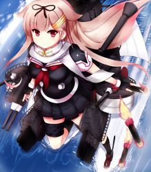Rule 34 | 10s, 1girl, blonde hair, bow, cannon, destroyer, hair bow, hair flaps, hair ornament, hairclip, highres, kanmusu, kantai collection, long hair, machinery, military, military vehicle, ocean, pixcel, red eyes, ship, smile, solo, torpedo, warship, watercraft, yuudachi (kancolle), yuudachi kai ni (kancolle)