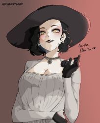 Rule 34 | 1girl, absurdres, alcina dimitrescu, ara ara, black flower, black hair, breasts, cleavage, collarbone, dress, earrings, english text, fangs, flower, forehead, gloves, gradient background, hat, heart, highres, jewelry, k3nnyn3v, large breasts, lipstick, long hair, looking at viewer, makeup, mature female, necklace, open mouth, pale skin, parted lips, pearl earrings, pearl necklace, resident evil, resident evil village, rose, short hair, simple background, slit pupils, smile, sparkle, sun hat, wavy hair, white dress, yellow eyes