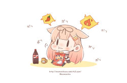 Rule 34 | 1girl, bow, chibi, chili pepper, cola, commentary request, cup, eating, fire, hair bow, hair flaps, hair ornament, hair ribbon, hairclip, kantai collection, light brown hair, long hair, looking at viewer, momoniku (taretare-13), mug, pleated skirt, ribbon, school uniform, serafuku, simple background, sitting, skirt, snack, soda bottle, solo, spoken object, sweat, translation request, twitter username, watermark, web address, yuudachi (kancolle), yuudachi kai ni (kancolle)
