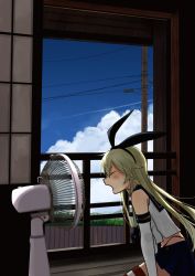 Rule 34 | 1girl, annin musou, bad id, bad twitter id, blonde hair, blue sky, closed eyes, cloud, cloudy sky, commentary request, day, elbow gloves, electric fan, facing away, fan speaking, from side, gloves, hair ribbon, highres, indoors, kantai collection, long hair, midriff, miniskirt, open mouth, power lines, profile, railing, ribbon, shimakaze (kancolle), shirt, skirt, sky, sleeveless, sleeveless shirt, sliding doors, solo, striped clothes, striped thighhighs, thighhighs, utility pole