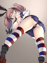 Rule 34 | 1girl, anchor hair ornament, ass, atlanta (kancolle), black panties, black ribbon, blue eyes, blush, breasts, brown hair, commentary request, cosplay, crop top, earrings, elbow gloves, glasses, gloves, hair ornament, hair ribbon, highres, jewelry, kantai collection, large breasts, open mouth, panties, pleated skirt, ribbon, shimakaze (kancolle), shimakaze (kancolle) (cosplay), shoes, sideboob, skirt, solo, star (symbol), star earrings, striped clothes, striped thighhighs, thighhighs, torisan, underwear, white gloves