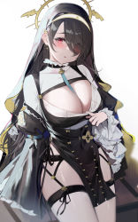 Rule 34 | 1girl, absurdres, black dress, black hair, blue archive, blush, breasts, cleavage, clothes lift, clothes pull, dress, earrings, garter straps, hair over one eye, highres, hinata (blue archive), jewelry, large breasts, long hair, looking at viewer, nun, open mouth, pulled by self, red eyes, solo, thigh strap, thighhighs, thighs, very long hair, white thighhighs, yamiiv