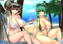 Rule 34 | 2girls, absurdres, areola slip, arm support, beach, bikini, blonde hair, breasts, chair, cleavage, glass, green eyes, green hair, highres, huge breasts, large breasts, legs, looking at viewer, mature female, mature female, multiple girls, navel, ocean, original, ponytail, sitting, slingshot swimsuit, smile, swimsuit, thick thighs, thighs, underboob, water, white bikini, yellow eyes
