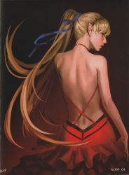 Rule 34 | 1girl, absurdres, artist name, as109, back, back focus, backless dress, backless outfit, bare back, bare shoulders, blonde hair, dress, female focus, frilled dress, frills, from behind, high ponytail, highres, kiss-shot acerola-orion heart-under-blade, long hair, monogatari (series), nape, oshino shinobu, pointy ears, ponytail, realistic, red dress, scan, solo, vampire, yellow eyes