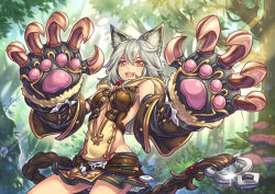 Rule 34 | 10s, 1girl, animal ears, claw (weapon), claws, collar, erune, gloves, granblue fantasy, grey hair, hair between eyes, kaizeru, looking at viewer, open mouth, red eyes, sen (granblue fantasy), skirt, smile, solo, weapon