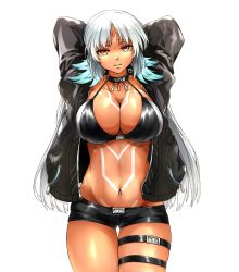 Rule 34 | 1girl, arms behind head, azur lane, bikini, bikini top only, black jacket, black shorts, breasts, brown eyes, cleavage, closed mouth, commentary request, dark-skinned female, dark skin, highres, jacket, large breasts, long hair, long sleeves, looking at viewer, massachusetts (azur lane), micro shorts, native american, navel, okutama tarou, open clothes, short shorts, shorts, simple background, skindentation, smile, solo, standing, swimsuit, thigh gap, thigh strap, white background, white hair