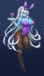 Rule 34 | 1girl, absurdres, animal ears, bare shoulders, black pantyhose, blue skin, borrowed character, breasts, cleavage, colored skin, commission, covered navel, drink, fake animal ears, full body, glass, gurimjang, hair between eyes, hand on own chest, highres, holding, holding plate, large breasts, leotard, long hair, looking at viewer, original, pantyhose, pixiv commission, plate, playboy bunny, pointy ears, ponytail, rabbit ears, solo, standing, standing on one leg, thick thighs, thighs, very long hair, white hair, yellow eyes