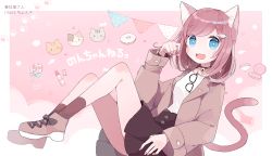 Rule 34 | + +, 1girl, :3, :d, animal ears, bell, black-framed eyewear, black choker, blue eyes, blush stickers, brown coat, brown footwear, brown hair, brown skirt, brown socks, candy, cat ears, cat girl, cat tail, choker, chon (chon33v), coat, commentary request, commission, doughnut, eyewear hang, unworn eyewear, fish hair ornament, food, glasses, hair ornament, hand mirror, hand up, highres, jingle bell, lipstick, lollipop, looking at viewer, makeup, mirror, nail polish, neck bell, open clothes, open coat, open mouth, original, pennant, pleated skirt, red nails, shoes, skirt, smile, socks, solo, string of flags, swirl lollipop, tail, translation request, watch, wristwatch