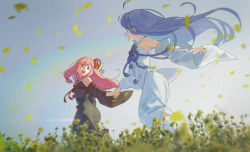 Rule 34 | 2girls, bare shoulders, black dress, black sleeves, blue hair, blue ribbon, blunt bangs, detached sleeves, dress, falling petals, flower, hair ribbon, holding hands, japanese clothes, kotonoha akane, kotonoha aoi, looking at another, multiple girls, open mouth, outdoors, outstretched arms, petals, pikumin, pink hair, rainbow, red eyes, red ribbon, ribbon, running, siblings, sidelocks, sisters, smile, voiceroid, white dress, white sleeves, wide shot, wide sleeves, yellow flower