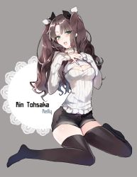 Rule 34 | 1girl, artist name, bad id, bad pixiv id, black thighhighs, blue eyes, breasts, brown hair, character name, cleavage, cleavage cutout, clothing cutout, fate/stay night, fate (series), hair ribbon, long hair, medium breasts, meme attire, open-chest sweater, relly, ribbed sweater, ribbon, short shorts, shorts, sitting, solo, sweater, thighhighs, tohsaka rin, turtleneck, two side up, wariza, zettai ryouiki