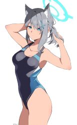 Rule 34 | 1girl, absurdres, animal ear fluff, animal ears, arms behind head, black one-piece swimsuit, blue archive, blue eyes, breasts, commentary request, competition swimsuit, covered navel, cross hair ornament, extra ears, grey hair, hair ornament, halo, highres, himwi, looking at viewer, low ponytail, medium breasts, medium hair, mismatched pupils, multicolored clothes, multicolored swimsuit, one-piece swimsuit, shiroko (blue archive), shiroko (swimsuit) (blue archive), simple background, solo, swimsuit, white background, wolf ears