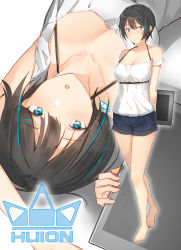 Rule 34 | 1girl, bare shoulders, barefoot, black hair, blue eyes, blue hair, blue shorts, breasts, cleavage, copyright name, earrings, full body, hair ornament, hairclip, highres, holding, holding tablet pc, huion, jewelry, looking at viewer, medium breasts, multicolored hair, multiple views, open mouth, original, pallad, shirt, short hair, shorts, sleeveless, sleeveless shirt, smile, streaked hair, tablet pc, white shirt