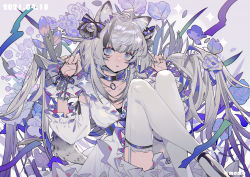 Rule 34 | 1girl, absurdres, animal ears, bell, black bow, black choker, blue eyes, blue flower, bow, breasts, choker, cleavage, collarbone, commentary, dated, dress, feet out of frame, flower, frilled dress, frills, grey background, grey hair, hair bell, hair bow, hair ornament, hands up, highres, holding, holding key, jewelry, key, long hair, long sleeves, looking at viewer, multiple rings, original, parted lips, purple flower, ring, sitting, solo, symbol-only commentary, tail, taowu (20809), thighhighs, white dress, white thighhighs, wolf ears, wolf tail, wrist cuffs