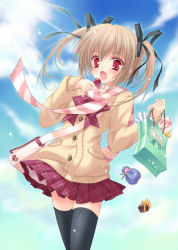 Rule 34 | 1girl, bag, black thighhighs, candy, cardigan, cloud, day, fang, food, hair ribbon, light brown hair, lollipop, miniskirt, original, paper bag, red eyes, ribbon, scarf, skirt, sky, solo, striped clothes, striped scarf, takano yuki (allegro mistic), thighhighs, twintails, zettai ryouiki