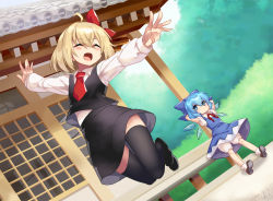 Rule 34 | 2girls, :d, ^ ^, ahoge, araki (qbthgry), architecture, blonde hair, bloomers, blue eyes, blue hair, cirno, closed eyes, commentary request, dress, dutch angle, east asian architecture, hair between eyes, happy, jumping, looking at another, multiple girls, open mouth, outstretched arms, pinafore dress, rumia, short hair, sitting, sleeveless dress, smile, socks, thighhighs, touhou, underwear, white bloomers, |d