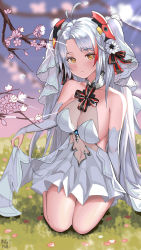 Rule 34 | 1girl, antenna hair, azur lane, bare shoulders, blush, breasts, bridal gauntlets, bridal veil, cleavage, closed mouth, covered navel, dress, flower, gloves, headgear, highres, large breasts, lifted by self, long hair, looking at viewer, multicolored hair, on grass, prinz eugen (azur lane), prinz eugen (symphonic fate) (azur lane), red hair, signature, silver hair, sitting, solo, streaked hair, swept bangs, team moka, two side up, veil, very long hair, wedding dress, white dress