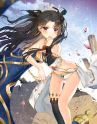 Rule 34 | absurdres, armlet, asymmetrical legwear, asymmetrical sleeves, bikini, black hair, detached collar, detached sleeves, earrings, fate/grand order, fate (series), gem, gold trim, heavenly boat maanna, highres, hoop earrings, ishtar (fate), jewelry, mada (shizhou), neck ring, parted bangs, pelvic curtain, red eyes, single detached sleeve, single thighhigh, solo, swimsuit, thighhighs, tiara, two side up, uneven legwear, uneven sleeves, weapon, white bikini