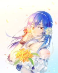 Rule 34 | 1girl, bare shoulders, blue hair, bouquet, choker, commentary request, flower, hair flower, hair ornament, hand on own cheek, hand on own face, highres, holding, holding bouquet, long hair, looking at viewer, love live!, love live! school idol festival, love live! school idol project, ribbon, simple background, smile, sonoda umi, upper body, walluka, yellow eyes