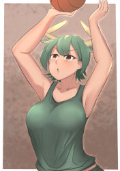 Rule 34 | 1girl, animal ears, armpits, arms up, aurochs (kemono friends), ball, bar (place), bare arms, basketball, basketball (object), border, breasts, brown eyes, camisole, collarbone, cow ears, cow girl, cow horns, dark-skinned female, dark skin, empty eyes, extra ears, green camisole, green hair, highres, horns, john (a2556349), kemono friends, large breasts, looking up, multicolored hair, open mouth, playing sports, short hair, solo, tan, throwing, two-tone hair