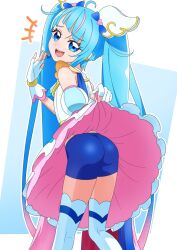 Rule 34 | 1girl, ass, bike shorts, blue eyes, blue hair, cure sky, dress, fingerless gloves, gloves, highres, hirogaru sky! precure, lifting own clothes, looking at viewer, looking back, open mouth, precure, smile, solo, sora harewataru, teeth, thighhighs, tiler (tiler00), twintails, upper teeth only, white dress, white thighhighs, wing hair ornament