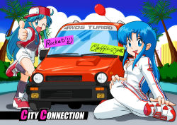 Rule 34 | 1980s (style), 2girls, balloon, baseball cap, blue eyes, blue hair, breasts, car, city connection, clarice (city connection), cleavage, game, game console, hat, honda, honda city, jaleco, long hair, motor vehicle, multiple girls, nes, oldschool, one eye closed, palms, racing suit, retro artstyle, shorts, smile, thumbs up, vehicle, wink