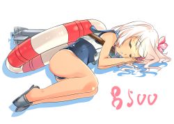 Rule 34 | 10s, 1girl, blonde hair, closed eyes, crop top, flower, itota, kantai collection, lifebuoy, long hair, lying, on side, ro-500 (kancolle), sailor collar, school swimsuit, sleeping, swim ring, swimsuit, swimsuit under clothes, tan, tanline, torpedo
