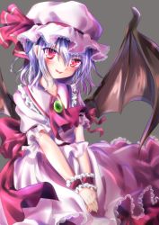 Rule 34 | 1girl, ascot, bat wings, blue hair, brooch, fang, grey background, hands on lap, hat, hat ribbon, head tilt, higashimura, highres, jewelry, looking at viewer, mob cap, own hands together, parted lips, puffy short sleeves, puffy sleeves, red eyes, remilia scarlet, ribbon, short hair, short sleeves, simple background, sitting, skirt, skirt set, slit pupils, solo, touhou, v arms, wings, wrist cuffs