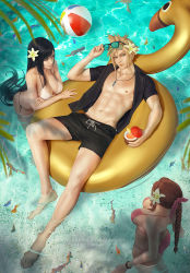 Rule 34 | 1boy, 2girls, abs, aerith gainsborough, artist name, ass, black hair, black male swimwear, black swim trunks, breasts, brown hair, butt crack, cleavage, cloud strife, coconut, costa del sol, drawstring, eyewear on head, final fantasy, final fantasy vii, final fantasy vii remake, fish, flower, from above, hair flower, hair ornament, highres, innertube, large breasts, male swimwear, multiple girls, navel, nipples, open clothes, open shirt, partially submerged, pixiv username, soaking feet, spiked hair, square enix, sunglasses, swim ring, swim trunks, swimsuit, tifa lockhart, water, zarory