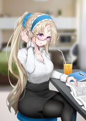 Rule 34 | 1girl, :o, absurdres, alternate costume, alternate hairstyle, black pantyhose, black skirt, blonde hair, blue hairband, blue scrunchie, blurry, blurry background, book, breasts, chair, chinese commentary, civia, cleavage, collared shirt, crossed legs, ctrl+z, desk, drink, english text, glasses, hair ornament, hair scrunchie, tucking hair, hairband, highres, hololive, hololive china, horn ornament, horns, indoors, juice, long hair, long sleeves, medium breasts, miniskirt, office lady, open book, pantyhose, parted bangs, pencil skirt, pink-framed eyewear, ponytail, purple eyes, scrunchie, semi-rimless eyewear, shirt, single horn, sitting, skirt, solo, taut clothes, taut shirt, under-rim eyewear, very long hair, virtual youtuber, white shirt
