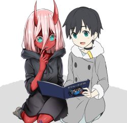 Rule 34 | 10s, 1boy, 1girl, bandages, black cloak, black hair, blue eyes, blush, book, boots, cloak, coat, colored sclera, colored skin, commentary, couple, darling in the franxx, finger to mouth, fringe trim, fur boots, fur trim, green eyes, grey coat, hiro (darling in the franxx), hiroki (hirokiart), holding, holding book, hood, hooded cloak, horns, long coat, long hair, oni horns, open book, parka, pink hair, red horns, red pupils, red sclera, red skin, seiza, short hair, sitting, spoilers, winter clothes, winter coat, aged down, zero two (darling in the franxx)