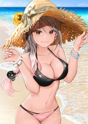 Rule 34 | 1girl, bare shoulders, bikini, black bikini, bow, bracelet, braid, breasts, brown bow, brown eyes, brown hat, cat hair ornament, cleavage, closed mouth, collarbone, cowboy shot, fingernails, flower, gibun (sozoshu), gradient hair, grey hair, hair ornament, hands on headwear, hands up, hat, hat bow, hat flower, highres, horizon, jewelry, large breasts, long fingernails, long hair, looking at viewer, mismatched bikini, multicolored hair, nail polish, navel, ocean, original, outdoors, pink bikini, pink hair, single braid, smile, solo, stomach, straw hat, sunflower, swimsuit, w arms, water, white nails, yellow flower