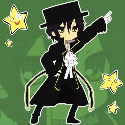 Rule 34 | 1boy, black hair, chibi, coat, crossover, frills, gathers, gilbert, gilbert nightray, gloves, hat, lowres, lucky star, male focus, nightray raven, pandora hearts, parody, short hair, solo, star (symbol), top hat, trench coat, yellow eyes