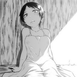 Rule 34 | 1girl, against wall, arm support, bare shoulders, blush, breasts, character request, dress, covered erect nipples, greyscale, head tilt, medium breasts, monochrome, no bra, short hair, sitting, solo, spaghetti strap, tsukudani (coke-buta), wet, wet clothes