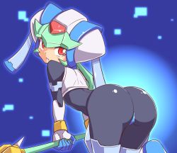 Rule 34 | 1girl, armor, ass, bent over, bodysuit, boots, capcom, cougar (cougar1404), from behind, green hair, helmet, leaning, leaning forward, long hair, looking at viewer, looking back, mega man (series), mega man zx, pandora (mega man), parted lips, red eyes, shiny clothes, smile, solo, staff, thigh boots, thighhighs, very long hair