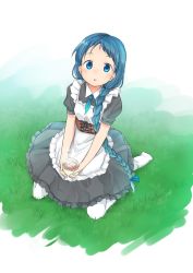 Rule 34 | 1girl, alternate costume, apron, blue eyes, blue hair, blue neckerchief, braid, commentary, corset, cup, drinking glass, enmaided, from above, full body, hair over shoulder, holding, holding cup, kantai collection, long hair, looking at viewer, maid, maid apron, neckerchief, no shoes, oge (ogeogeoge), samidare (kancolle), seiza, short sleeves, single braid, sitting, solo, swept bangs, teacup, thighhighs, very long hair, white thighhighs
