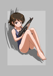Rule 34 | 1girl, bare legs, barefoot, blue one-piece swimsuit, blue school swimsuit, blush, brown eyes, brown hair, from side, full body, gun, h&amp;k mp5, heckler &amp; koch, holding, holding gun, holding weapon, legs, looking at viewer, looking to the side, one-piece swimsuit, original, rifle, rohitsuka, school swimsuit, short hair, simple background, sitting, smile, solo, submachine gun, swimsuit, weapon