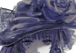 Rule 34 | 1girl, close-up, flower, hat, hat flower, jitome, looking at viewer, monochrome, mouth out of frame, original, portrait, purple theme, rose, sankomichi, simple background, solo, white background