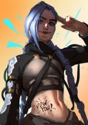 Rule 34 | 1girl, absurdres, alternate costume, asymmetrical bangs, blue eyes, braid, closed mouth, from below, gradient background, highres, jinx (league of legends), kamrin (kamrinwebby), league of legends, long hair, long sleeves, looking at viewer, midriff, navel, smile, solo, twin braids, upper body