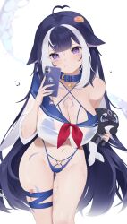 Rule 34 | 1girl, :3, absurdres, ahoge, animal ears, arm tattoo, bare shoulders, belt collar, bikini, black hair, blue bikini, blue collar, body markings, breasts, cellphone, chest tattoo, cleavage, closed mouth, collar, commentary, cowboy shot, criss-cross halter, crop top, eevyart, facial tattoo, fins, halterneck, heart, heart ahoge, highres, indie virtual youtuber, large breasts, leg tattoo, long hair, looking at viewer, multicolored hair, navel, orca girl, phone, purple eyes, see-through, see-through shirt, selfie, shrimp, shylily, simple background, smartphone, streaked hair, swimsuit, taking picture, tattoo, virtual youtuber, whale girl, white background, white hair