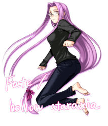 Rule 34 | 00s, 1girl, barefoot, bow, denim, face, fate/hollow ataraxia, fate/stay night, fate (series), feet, full body, glasses, hair bow, jeans, jumping, long hair, low-tied long hair, matching hair/eyes, medusa (fate), medusa (rider) (fate), official alternate costume, pants, purple eyes, purple hair, ribbon, simple background, solo, square pupils, toes, very long hair, white background, yanagi (tsukiakari)