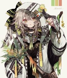 Rule 34 | 1girl, absurdres, azzz (7334080), beads, belt, belt buckle, black collar, buckle, collar, color guide, facial tattoo, flower, green nails, hair beads, hair between eyes, hair ornament, hairclip, hand up, highres, hood, hoodie, jewelry, long sleeves, looking at viewer, moon (ornament), nail polish, necklace, orange eyes, original, parted lips, pendant, plant, simple background, solo, star (symbol), tattoo, tribal print, twitter username, white hair, white hoodie