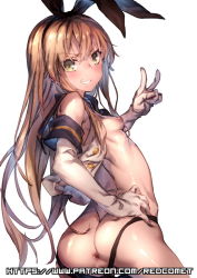Rule 34 | 10s, 1girl, anus, artist name, ass, black panties, blonde hair, breasts, clenched teeth, elbow gloves, from behind, gloves, green eyes, hair between eyes, hair ribbon, hand on own hip, kantai collection, long hair, looking back, nipples, open clothes, open shirt, panties, pussy, redcomet, revision, ribbon, sailor collar, shimakaze (kancolle), shirt, simple background, sleeveless, sleeveless shirt, small breasts, solo, teeth, thong, uncensored, underwear, v, very long hair, watermark, web address, white background, white gloves, white shirt
