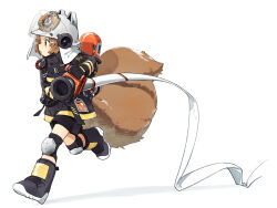 Rule 34 | 1girl, animal ears helmet, arknights, black footwear, black gloves, black shorts, boots, brown eyes, brown hair, commentary request, fire helmet, firefighter, firefighter jacket, full body, gloves, holding, holding hose, hose, jacket, knee pads, long sleeves, nakatani nio, open mouth, oxygen tank, radio, red jacket, shaw (arknights), short hair, shorts, simple background, solo, squirrel girl, squirrel tail, tail, white background